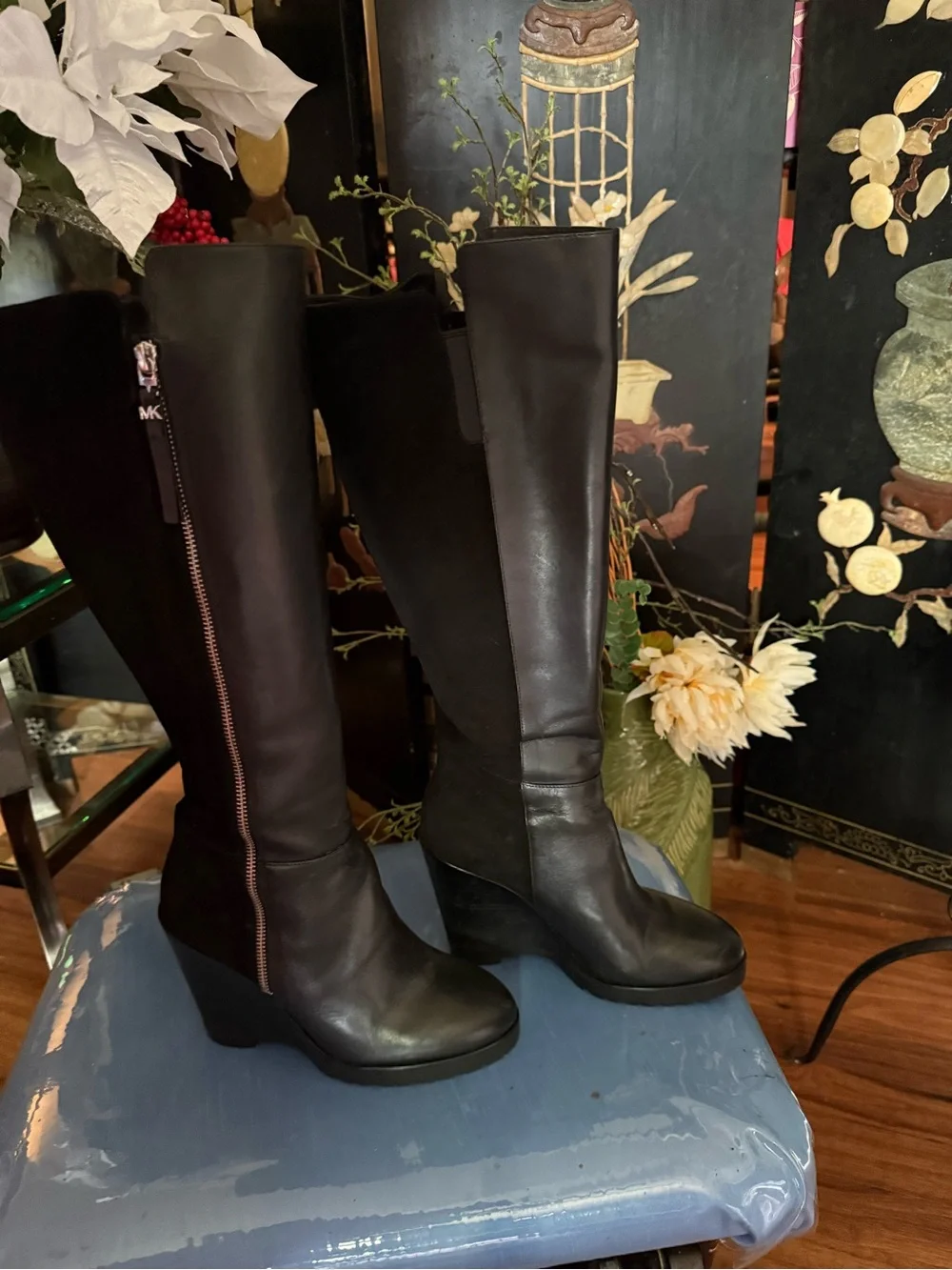 Michael Kors Clara  Black Leather Knee-High Wedge Boots